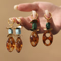 Amber Resin Figure-Eight Dangle Earrings Gold Hoops Stone Beads view 1