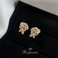 Gold Openwork Camellia Pave Crystal Leaf Stud Earrings view 3
