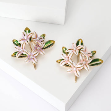 Flower Cluster Brooch In Metal With Pale Enamel Blossoms And Green Leaves