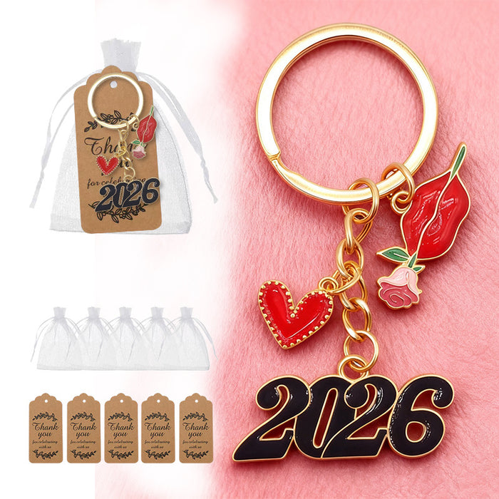 Gold 2026 Keychain Red Heart Lips Rose Enamel Charms