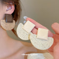 Wood Square and Woven Semicircle Statement Stud Earrings view 1