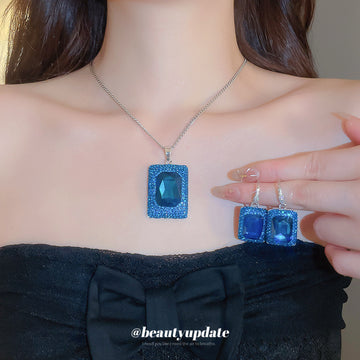 Blue Rectangle Crystal Pendant Necklace Matching Hook Earrings