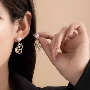 Gold and Silver Gourd Outline Pearl Look Stud Earrings