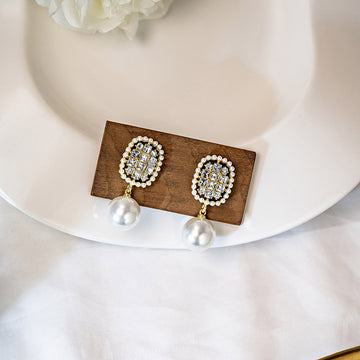 Gold Oval Crystal Pave Pearl Drop Stud Earrings Metal