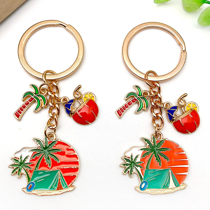 Four Orange Camping Beach and Palm Tree Metal Keychain Designs