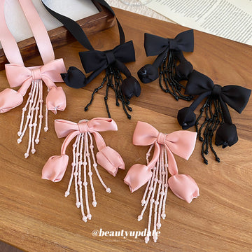 Fabric Bow Tulip Bead Tassel Choker Necklace and Earring Set