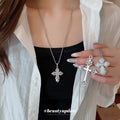 Silver Ornate Cross Pendant Necklace Fine Chain Fleur Tips view 1