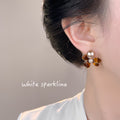 Cream Pearl Amber Brown Enamel Flower Drop Earrings view 2