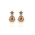 Antique Gold Red Teardrop Pearl Fringe Floral Stud Earrings view 5