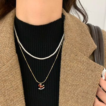 Red Rocking Horse Pendant and Pearl Strand Layered Necklace