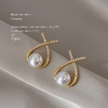 Gold X Cross Pearl Teardrop Stud Earrings Crystal Pair