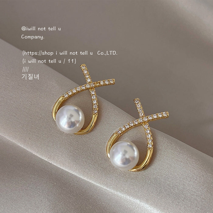 Gold X Cross Pearl Teardrop Stud Earrings Crystal Pair