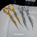 Floral Long Chain Tassel Stud Earrings in Silver and Gold Tones view 2