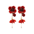 Red Fabric Flower and Pearl Tassel Drop Stud Earrings view 5