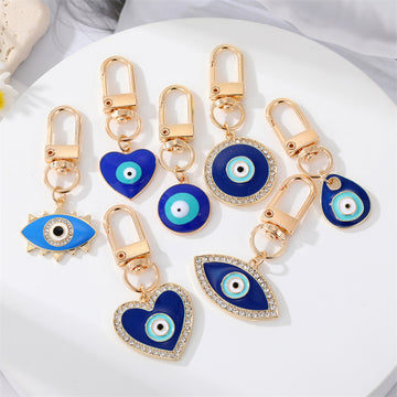 Gold Tone Blue Evil Eye Heart Round and Teardrop Clip Keychains