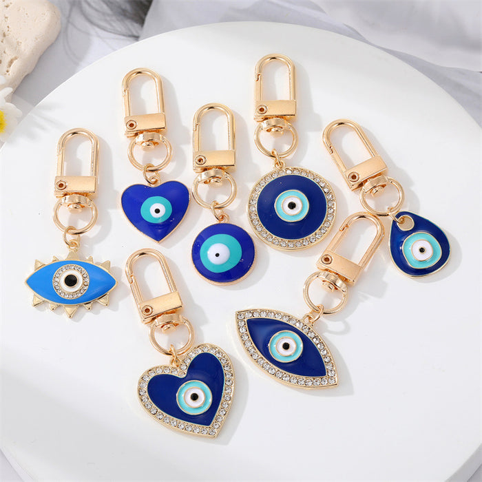 Gold Tone Blue Evil Eye Heart Round and Teardrop Clip Keychains