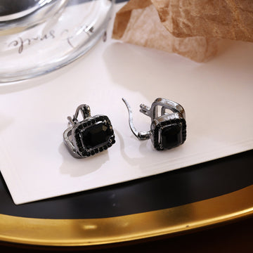 Antique Silver Black Rectangular Small Huggie Earrings