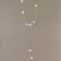 Silver Rhinestone Bow Pearl Y Necklace Dual Pearl Drops view 6