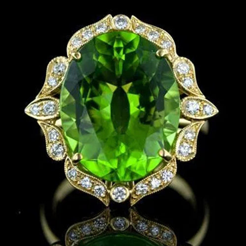 Gold Tone Green Oval Stone Leaf Halo Statement Ring - front product view