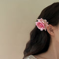 Red Fabric Rose Alligator Hair Clip With Green Leaf Accents view 4