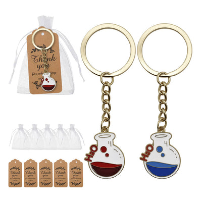 Blue and red H2O flask key rings with bags and tags