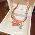 Pink Beaded Chain Necklace With a Preserved Rose Pendant view 4