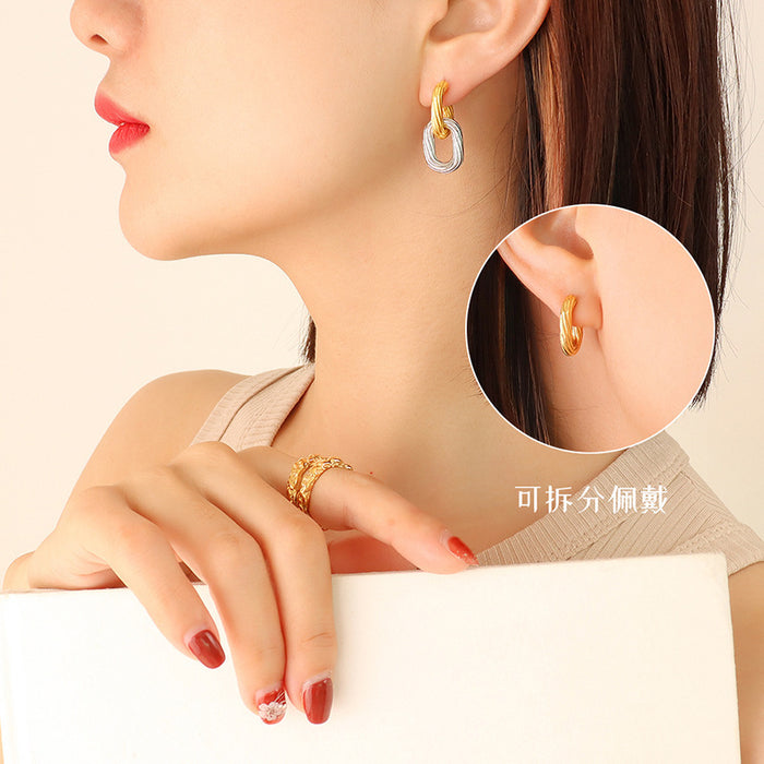 Detachable Textured Dual Oval Link Hoop Earrings Metal