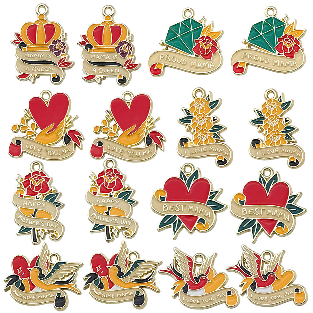 Enamel Zinc Alloy Carnation Heart Charm Pendant for DIY Mother's Day Bracelet Necklace