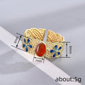 Gold Tone Red Cabochon Blue Enamel Floral Open Ring view 4
