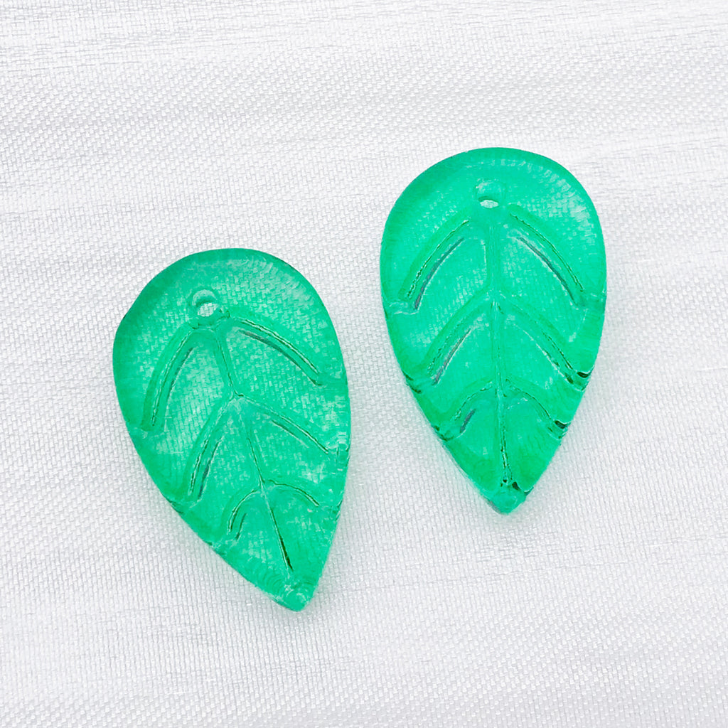 Vintage Green Glass Strawberry Leaf Charm Pendant for Hairpin, Necklace and Earrings