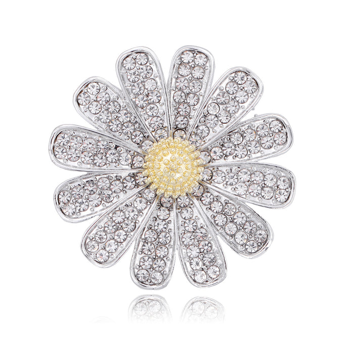 White Gold Tone Daisy Crystal Metal Brooch Pin for Jackets and Lapels