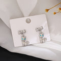 Silver Bow Aqua Eye Curled Tail Cute Cat Stud Earrings view 2