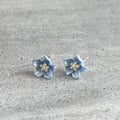 Translucent Blue Five Petal Flower And Pearl Center Stud Earrings view 4