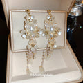 White Floral Pearl Long Cascade Earrings Fashion Jewelry view 2