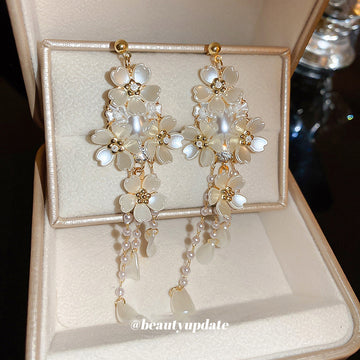 White Floral Pearl Long Cascade Earrings Fashion Jewelry