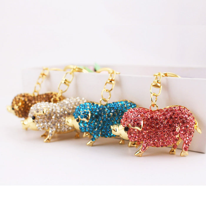 Rhinestone Pig Keychain With Gold-Tone Clasp And Split Ring