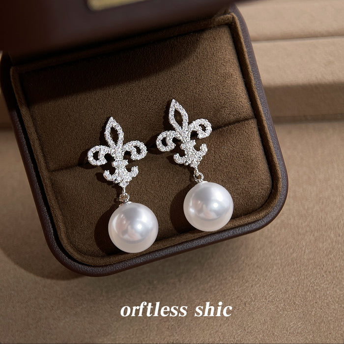 Silver Tone Clear Stone Fleur De Lis Large Pearl Drop Earrings