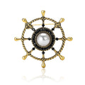 Pearl Ship Wheel Brooch in Detailed Metal and Crystal Design view 5