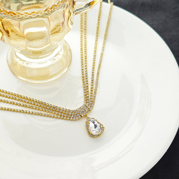 Gold Multilayer Teardrop Clear Look Pendant Necklace