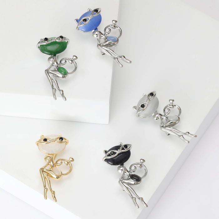 Cat Eye Fox Brooch Long Legs Masked Crystal Face Pin