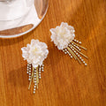 Pearl White Camellia Flower Drop Earrings Gold Crystal Tassel view 1