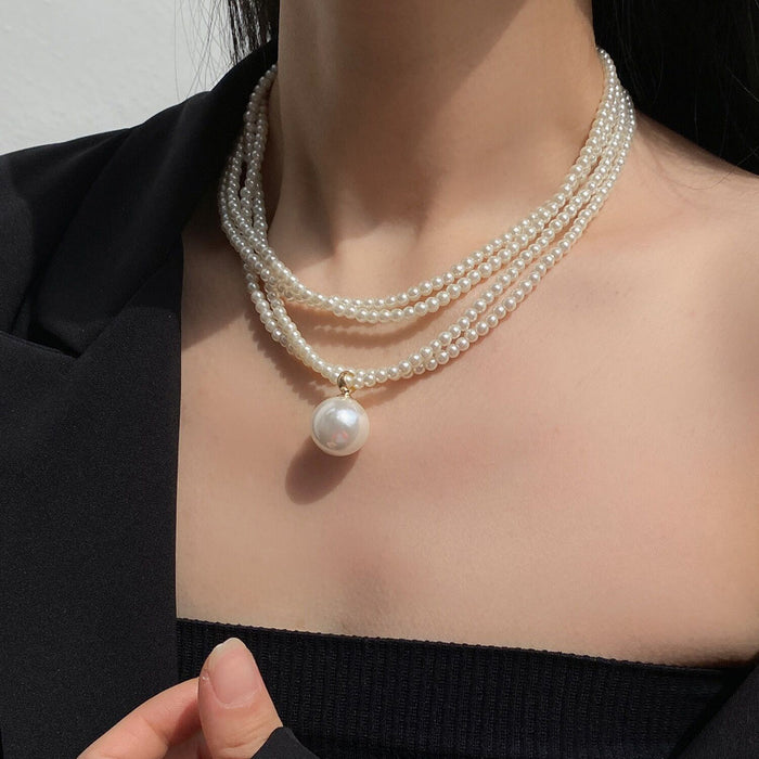 White Triple Strand Pearl Necklace Large Drop Single Style