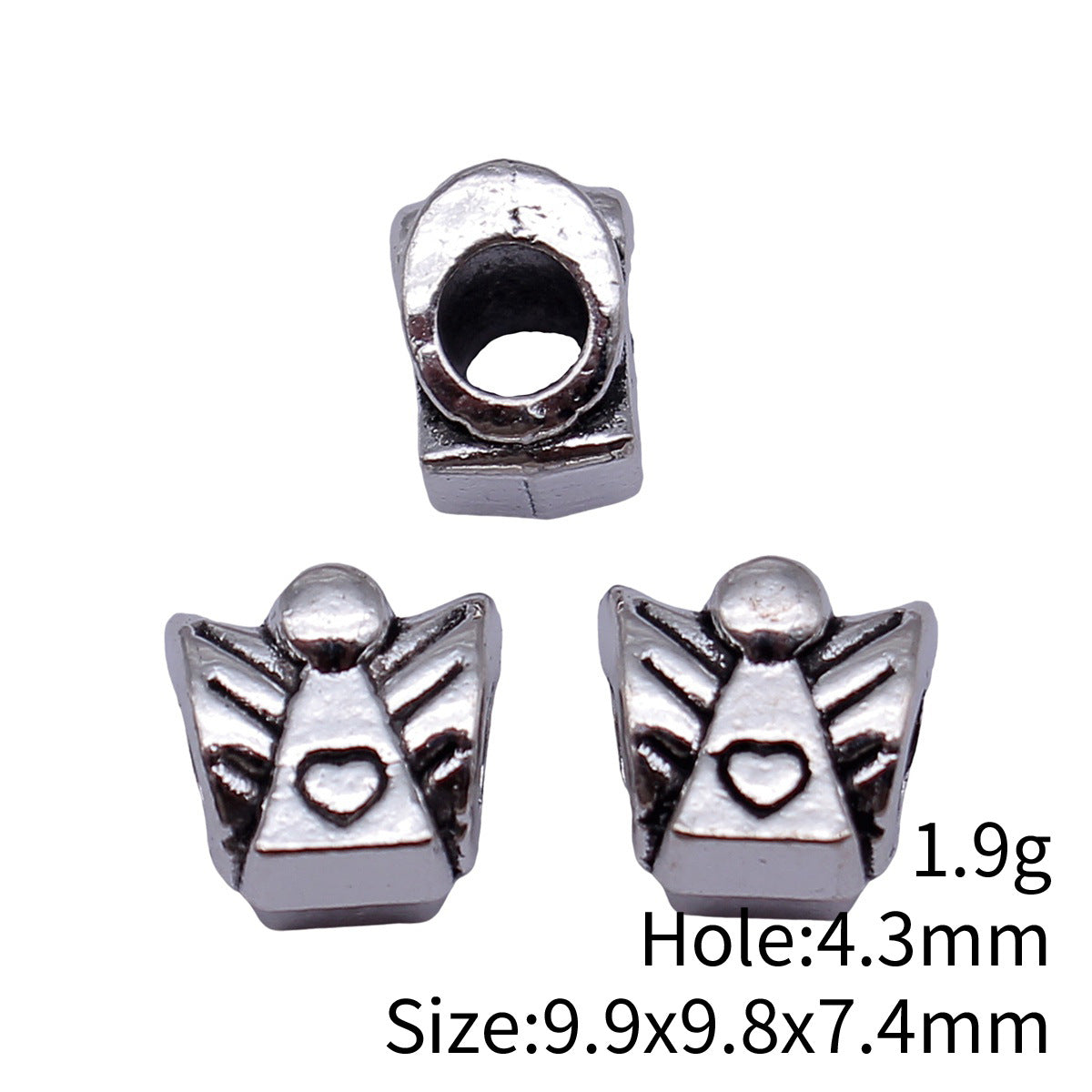 9.9x9.8x7.4mm 1.9g Antique Silver Zinc Alloy Heart Angel Large Hole Beads for Bracelet Jewelry Making