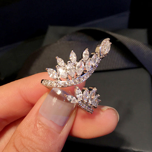 Close view of silver tone marquise crystal double leaf open ring