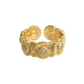 Gold Tone Clear Stone Flower Row Open Adjustable Ring For Women view 5