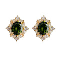 Gold Tone Dark Green Oval Stone Clear Halo Stud Earrings view 5