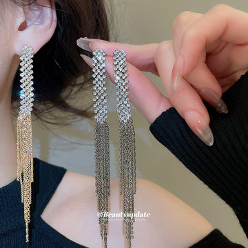 Gunmetal Tone Crystal Bar Earrings With Long Chain Tassels