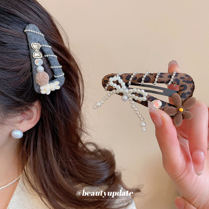 Leopard Print Snap Clip Pearl Bow and Brown Flower