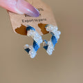 Blue Denim And Pearl Twisted Hoop Earrings Statement Jewelry view 6