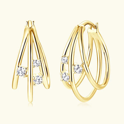 Gold multi-loop geometric hoops shown open side and closed front views